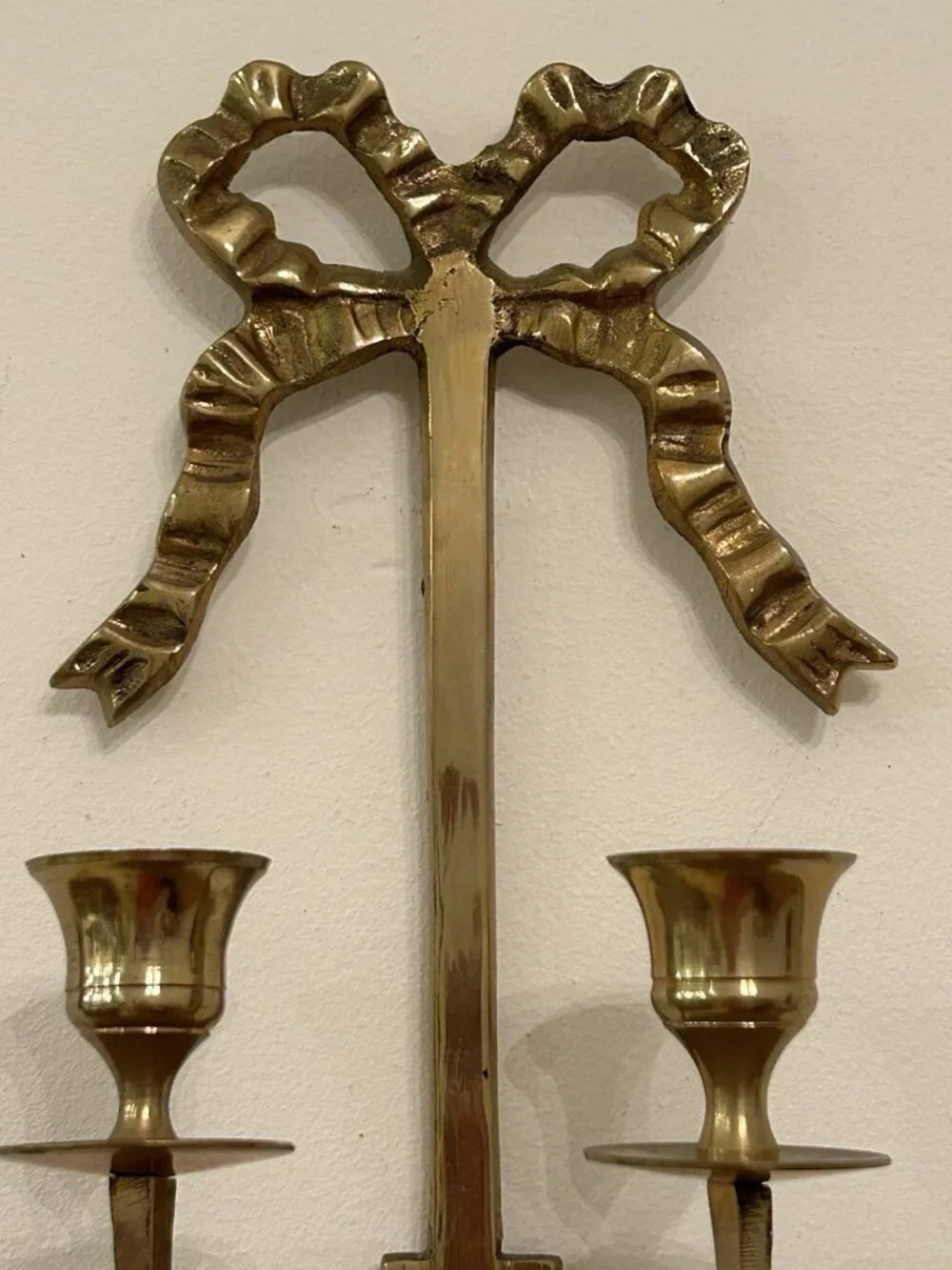 Pair Vintage Brass Bow and Tassel Double Taper Candles Holder Wall Sconces 12” H